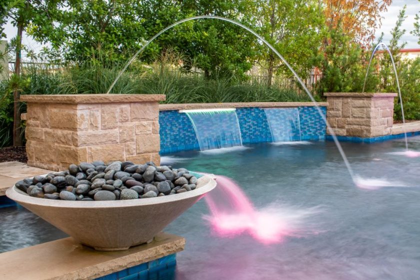 Pool technology with fire bowls, laminars and sheer descents
