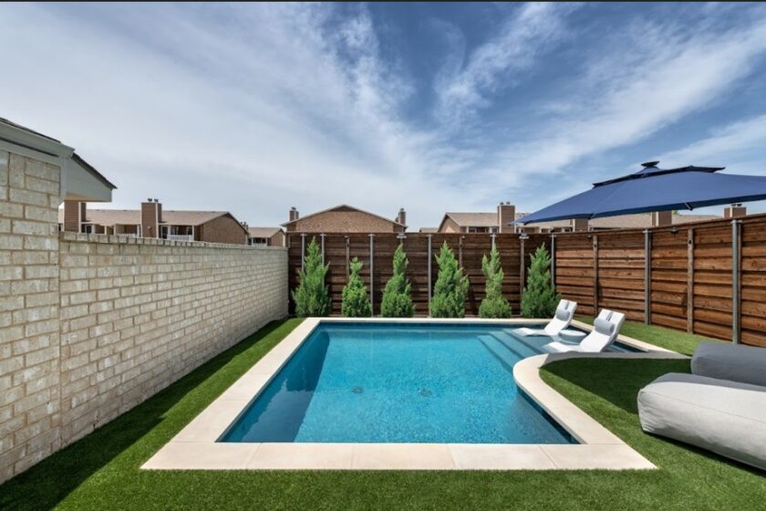 Geometric pool with tanning ledge