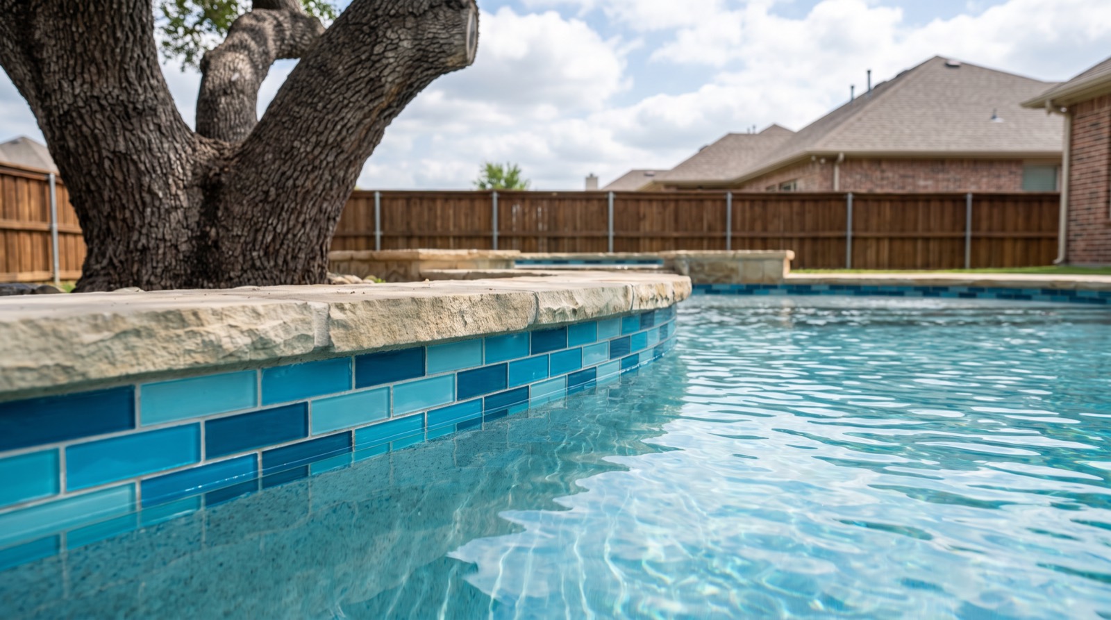 Custom pool with clean waterline tile beside a mature oak in a North Dallas backyard