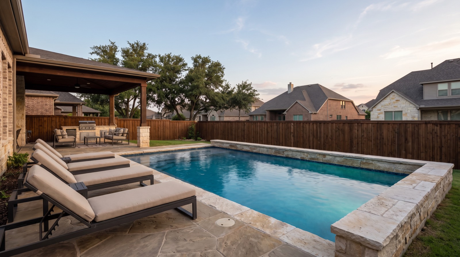 Dallas backyard pool framed by limestone coping, lounge chairs, and an attached covered patio