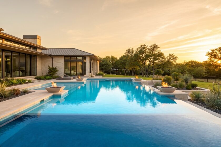 Rectangular custom pool with raised spa and limestone terrace behind a Dallas residence