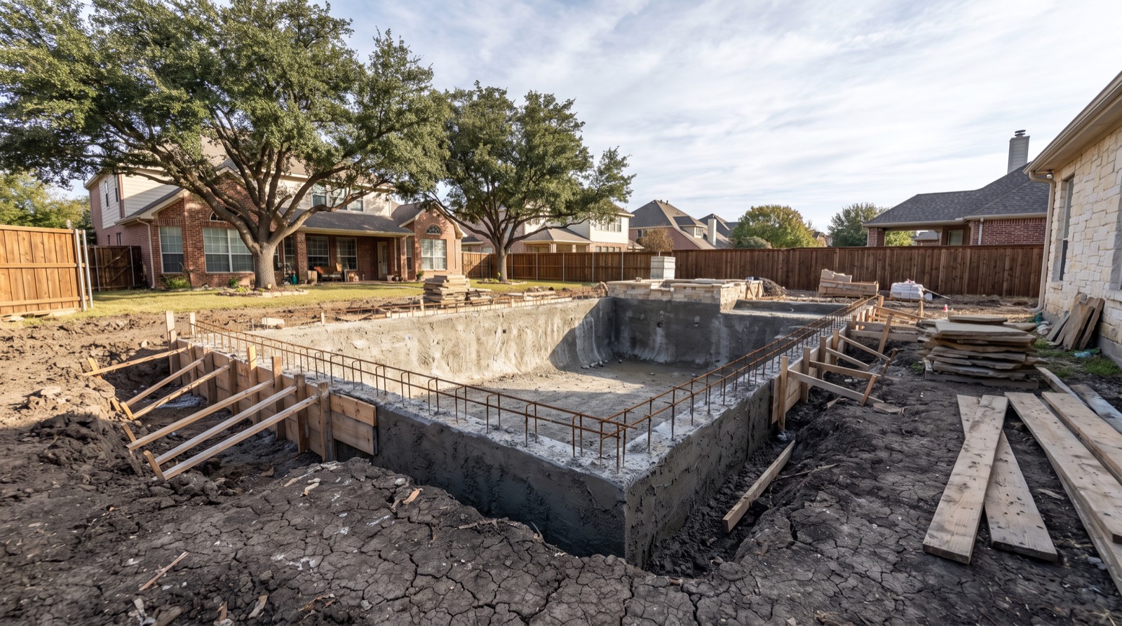 Fresh gunite shell with steel reinforcement and clay soil visible in a North Texas excavation