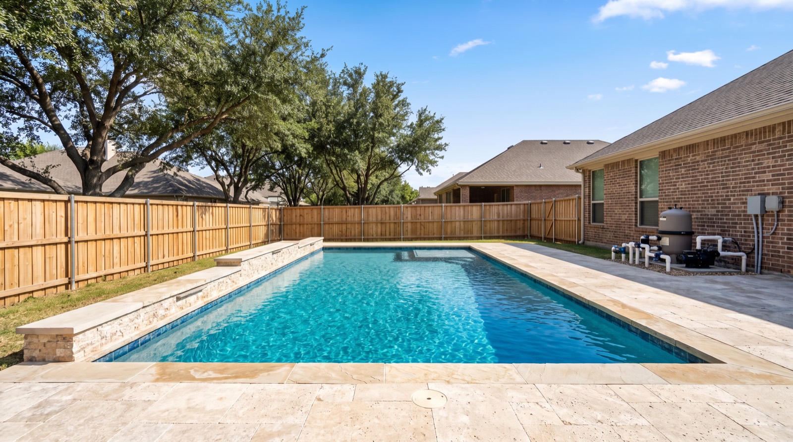Completed North Texas pool with coping, decking, and equipment pad beside a fenced backyard