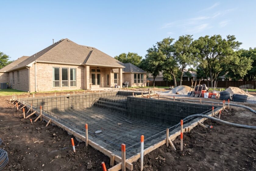 New gunite pool excavation beside a North Texas home with prepared forms and equipment