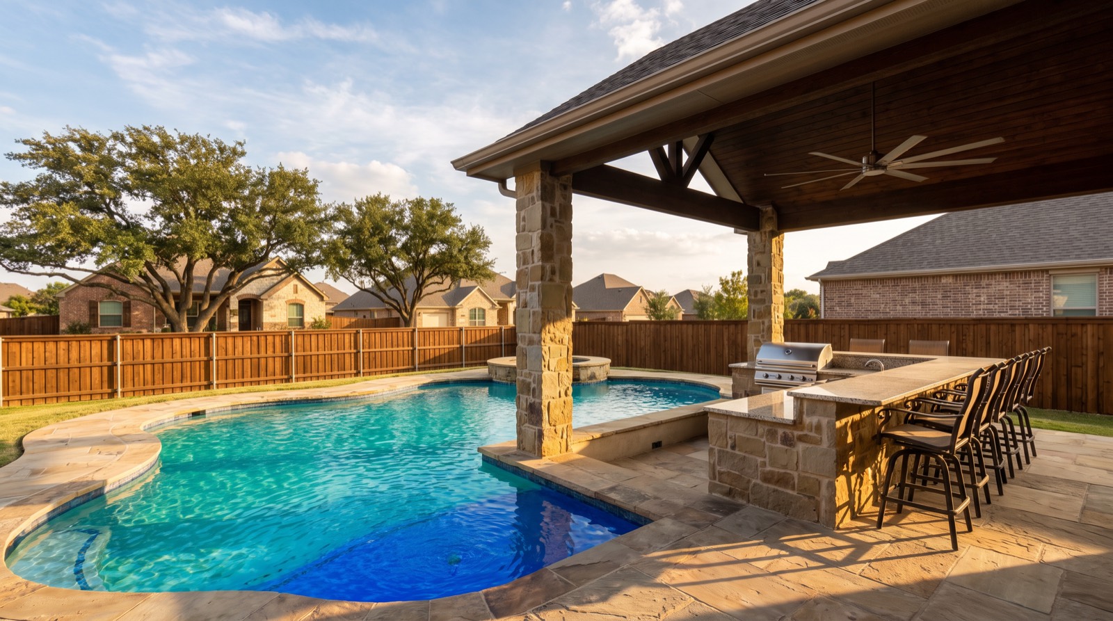 Finished pool and shaded outdoor kitchen on a Fort Worth-area backyard patio