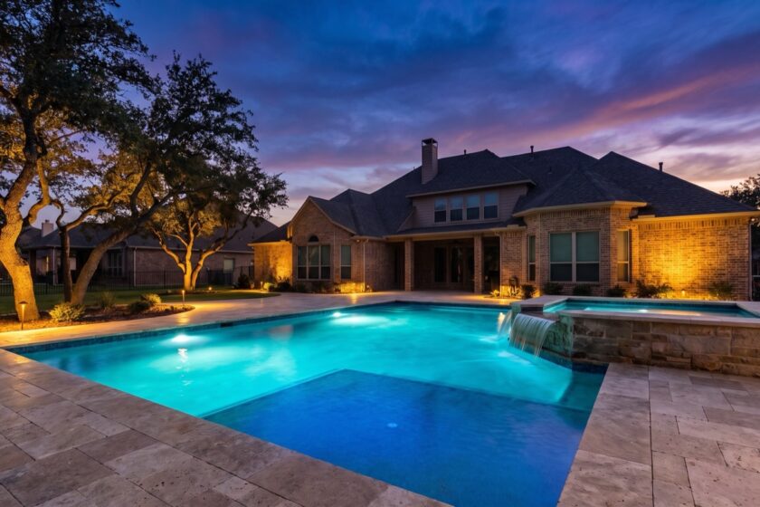Custom gunite pool with travertine deck beside a North Texas brick home at sunset