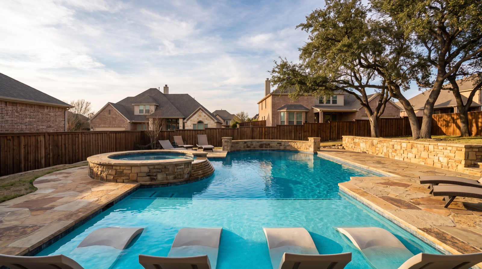 Rockwall backyard pool with a sun shelf, raised spa, and stone privacy wall