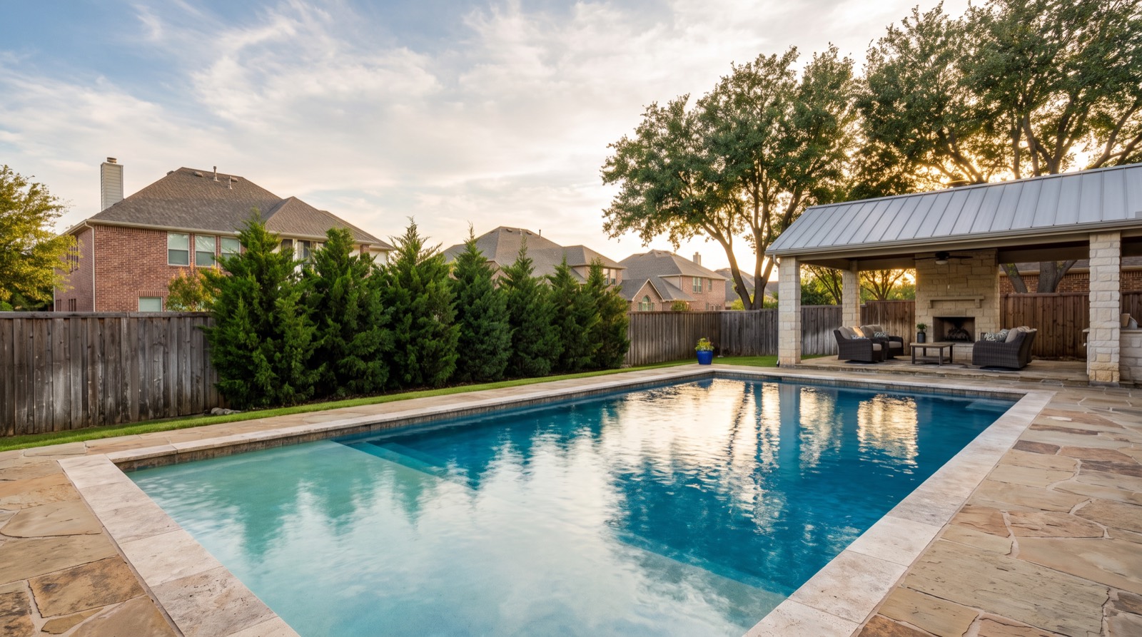 Murphy backyard pool with travertine coping, covered seating, and screened perimeter trees