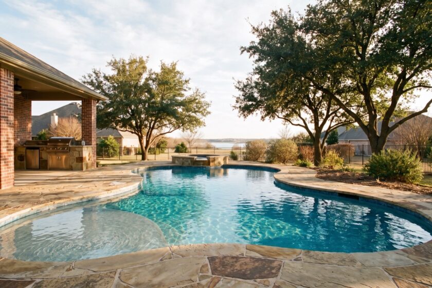 Gunite pool with sun shelf and stone coping in a Rockwall backyard near Lake Ray Hubbard