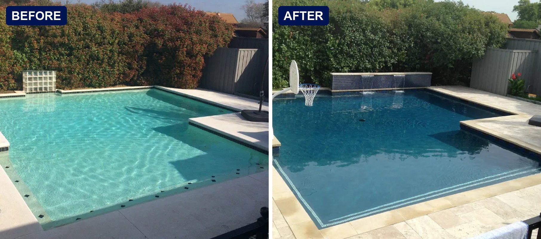 Before and after of a Hobert Pools and Spas remodel: a light plaster rectangular pool updated with a darker interior finish, travertine decking and a raised wall with sheer descents