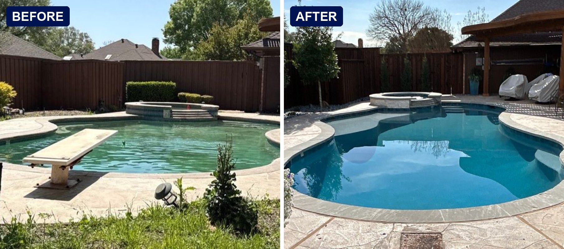Before and after of a Hobert Pools and Spas remodel: a freeform pool with a diving board updated with a darker interior finish, new stone coping and a refreshed deck