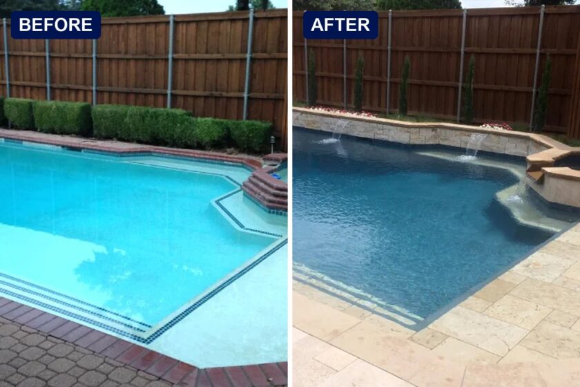 Before and after of a Hobert Pools and Spas remodel: brick coping and pavers replaced with travertine decking, a darker interior finish, a raised stone wall with sheer descents and a rebuilt spa